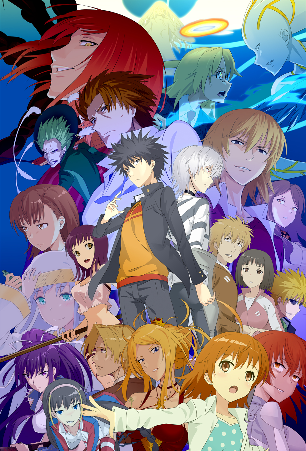 6+boys 6+girls accelerator_(toaru_majutsu_no_index) acqua_of_the_back alternate_eye_color alternate_hair_color angel angel_wings archangel_gabriel black_hair black_jacket black_pants blonde_hair blue_dress blue_eyes blue_hair brown_eyes brown_hair camisole carissa child closed_mouth commentary_request crown crutch dress everyone evil_grin evil_smile fantasy fiamma_of_the_right flower frown gakuran glasses glowing glowing_halo glowing_wings god&#039;s_right_seat green_eyes grin habit hair_ribbon hairband halo hamazura_shiage hand_on_headwear highres holding holding_polearm holding_spear holding_sword holding_weapon index_(toaru_majutsu_no_index) itsuwa jack-barro jacket jewelry kakine_teitoku kamijou_touma kanzaki_kaori katana kazakiri_hyouka knight_leader oversized_wings last_order_(toaru_majutsu_no_index) lessar light_frown long_dress long_hair looking_at_viewer looking_back magic messy_hair midriff mini_crown misaka_mikoto misaka_worst mugino_shizuri multicolored_halo multiple_boys multiple_girls navel necklace nun ootachi open_clothes open_jacket open_mouth pants pink_shirt pointy_ears polearm polka_dot polka_dot_dress ponytail purple_eyes purple_hair rainbow_halo red_dress red_hair ribbon rose school_uniform season_connection shichiten_shichitou shirt shokuhou_misaki siblings sisters smile spear staff standing striped_clothes striped_shirt sword takitsubo_rikou terra_of_the_left toaru_majutsu_no_index toaru_majutsu_no_index:_old_testament traditional_halo tsuchimikado_motoharu weapon white_dress white_flower white_hairband white_jacket white_rose wings