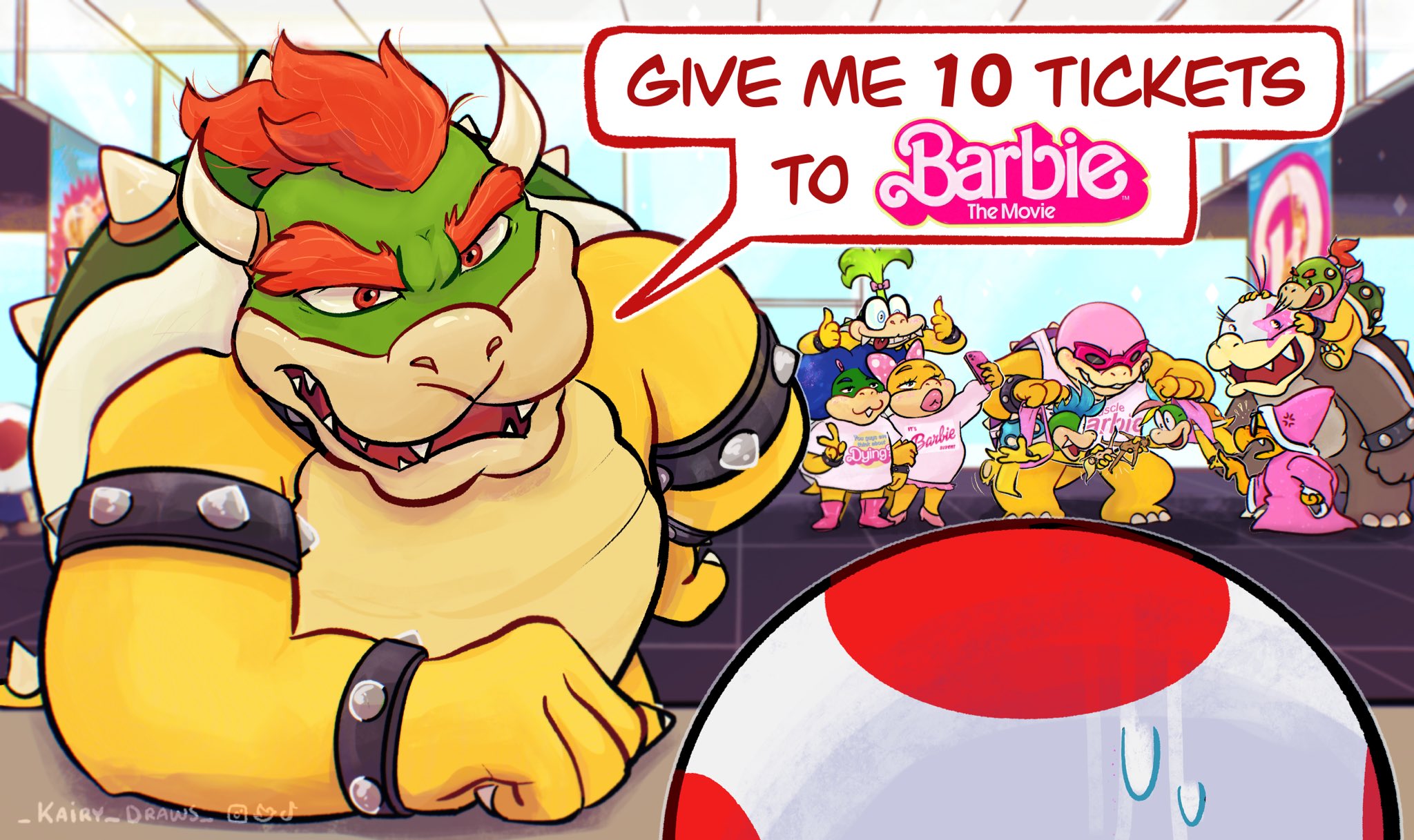 :3 barbie_(franchise) barbie_(live_action) blue_hair boots bow bowser bowser_jr. carrying colored_skin crazy_eyes doll double_thumbs_up english_text fangs father_and_son glasses green_hair green_skin hair_bow hair_ornament hairclip highres holding holding_doll horns iggy_koopa kairy_draws kamek koopalings larry_koopa lemmy_koopa ludwig_von_koopa mario_(series) morton_koopa_jr. movie_theater multicolored_hair neckerchief nintendo piggyback pink_boots pink_neckerchief pink_shoes pointy_hat polka_dot polka_dot_bow red_hair roy_koopa selfie sharp_teeth shirt shoes siblings spiked_hair spiked_shell sunglasses sweatdrop t-shirt teeth thick_eyebrows thick_lips thumbs_up toad_(mario) tongue tongue_out v wendy_o._koopa wrinkled_skin