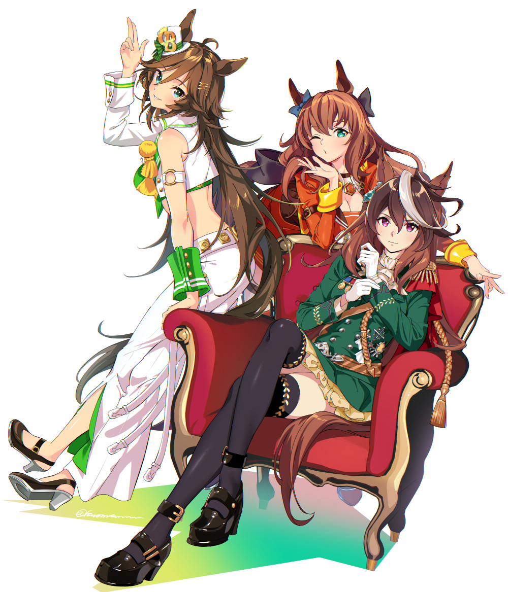 3girls aiguillette animal_ears armband armchair ascot belt black_shoes black_thighhighs blowing_kiss bow breasts brown_hair buttons chair cleavage closed_mouth cropped_jacket crossed_legs double-breasted ear_bow earrings epaulettes glint gloves green_eyes green_jacket green_skirt hair_bow hat high_heels horse_ears horse_girl horse_tail jacket jewelry leaning_forward long_hair long_sleeves looking_at_viewer maruzensky_(umamusume) medal midriff mini_hat mini_top_hat mr._c.b._(umamusume) multicolored_hair multiple_girls one_eye_closed open_mouth pants petticoat purple_eyes red_jacket red_skirt salute shoes single_earring single_epaulette single_wrist_cuff sitting skirt small_breasts smile standing streaked_hair symboli_rudolf_(umamusume) tail taromarun thighhighs top_hat two-finger_salute umamusume white_background white_gloves white_jacket white_pants wrist_cuffs