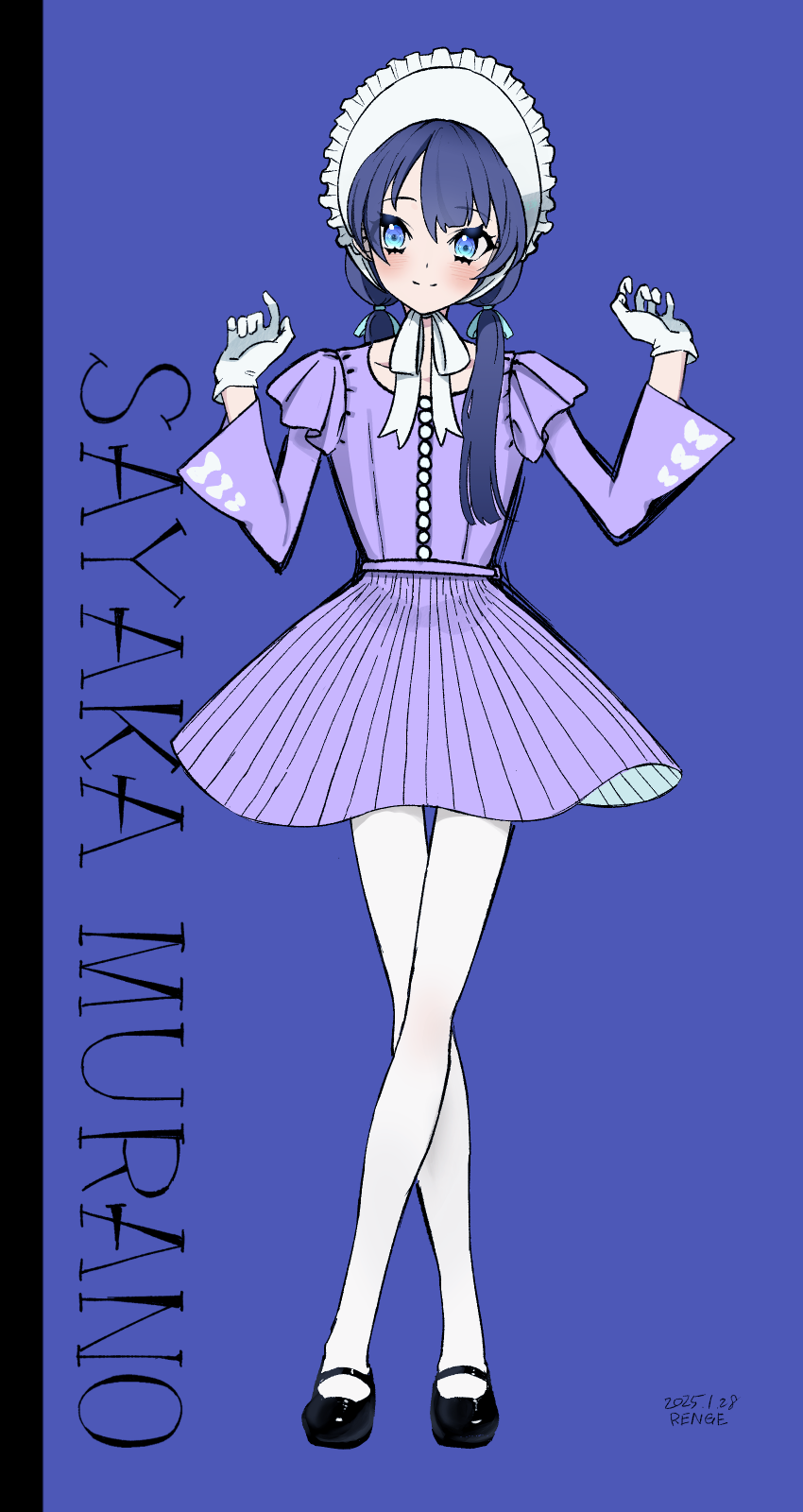 1girl artist_name black_shoes blue_background blue_eyes blue_hair blue_ribbon blush bonnet character_name chin_strap closed_mouth crossed_legs dated frilled_bonnet frills full_body gloves hair_ribbon hands_up high-waist_skirt highres link!_like!_love_live! long_hair long_sleeves looking_at_viewer love_live! low_twintails mary_janes miniskirt murano_sayaka pantyhose purple_shirt purple_skirt renge_(042514) ribbon shirt shoes simple_background skinny skirt skirt_set slim_legs smile solo split_mouth straight-on twintails two-sided_fabric two-sided_skirt white_bonnet white_gloves white_pantyhose white_ribbon wide_sleeves