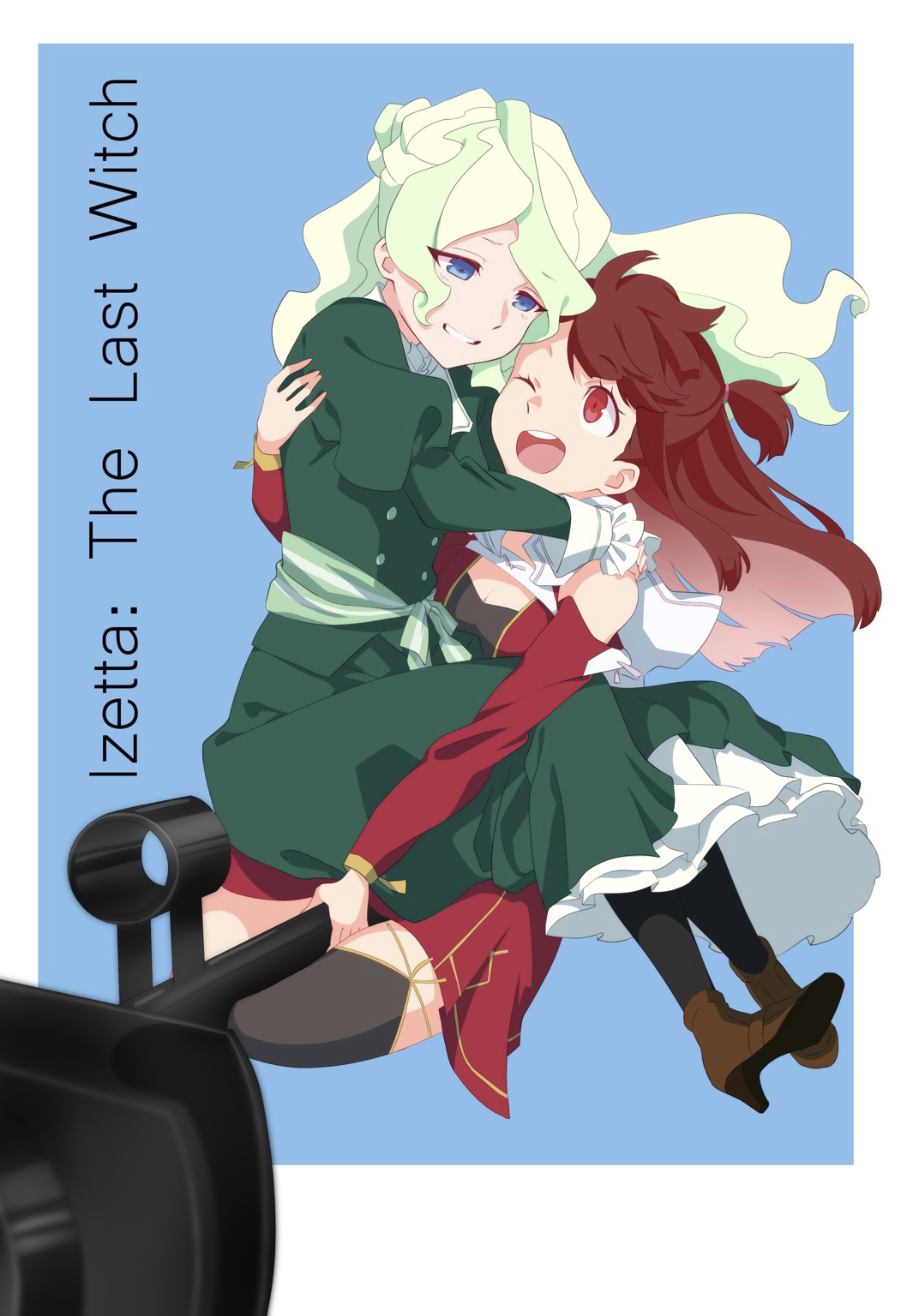 2girls ;d alternate_costume blue_eyes brown_hair cosplay dress green_dress green_hair high_heels highres hug izetta izetta_(cosplay) light_green_hair little_witch_academia long_dress looking_at_another medium_hair mochirou_(giri_choco_inverse) multicolored_hair multiple_girls one_eye_closed open_mouth ortfine_fredericka_von_eylstadt ortfine_fredericka_von_eylstadt_(cosplay) pantyhose red_dress red_eyes riding side_ponytail smile thighhighs two-tone_hair
