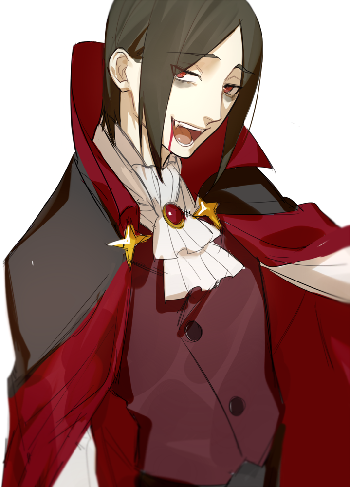 1boy alternate_costume ascot blood blood_from_mouth cape collared_jacket european_clothes fang fate/grand_order fate_(series) green_hair high_collar jacket long_sleeves looking_at_viewer male_focus ne_dzumi parted_bangs phantom_of_the_opera_(fate) red_cape red_eyes solo vampire_costume white_ascot