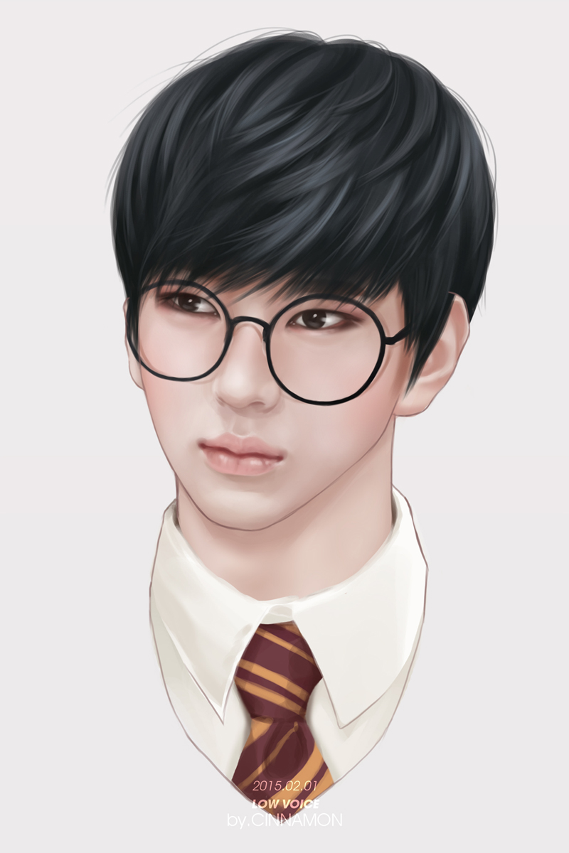 10s 1boy 2015 black_hair brown_eyes cosplay glasses harry_potter_(series) highres k-pop leo_(vixx) male_focus necktie portrait realistic simple_background solo vixx wizarding_world
