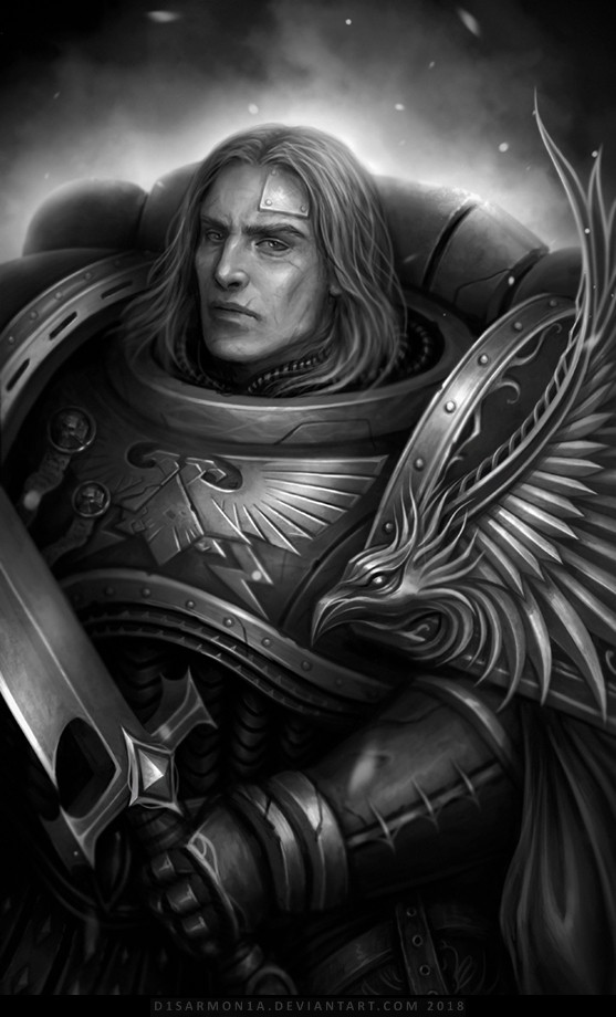 1boy 2018 armor artist_name breastplate emperor&#039;s_children gauntlets greyscale holding holding_sword holding_weapon imperial_aquila long_hair looking_at_viewer male_focus monochrome patch pauldrons portrait power_armor purity_seal saul_tarvitz shoulder_armor simple_background solo sword veronica_anrathi warhammer_40k watermark weapon web_address