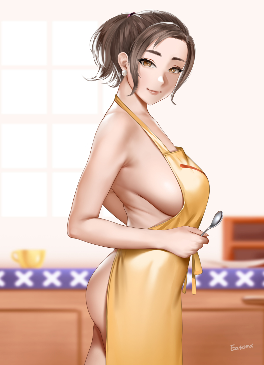 1girl apron artist_name ass bare_shoulders blurry blurry_background breasts brown_eyes brown_hair earrings easonx highres holding holding_spoon jewelry large_breasts looking_at_viewer mature_female mother_(pokemon) naked_apron nintendo paldea_mother pearl_earrings pokemon pokemon_sv ponytail sideboob sidelocks smile solo spoon yellow_apron