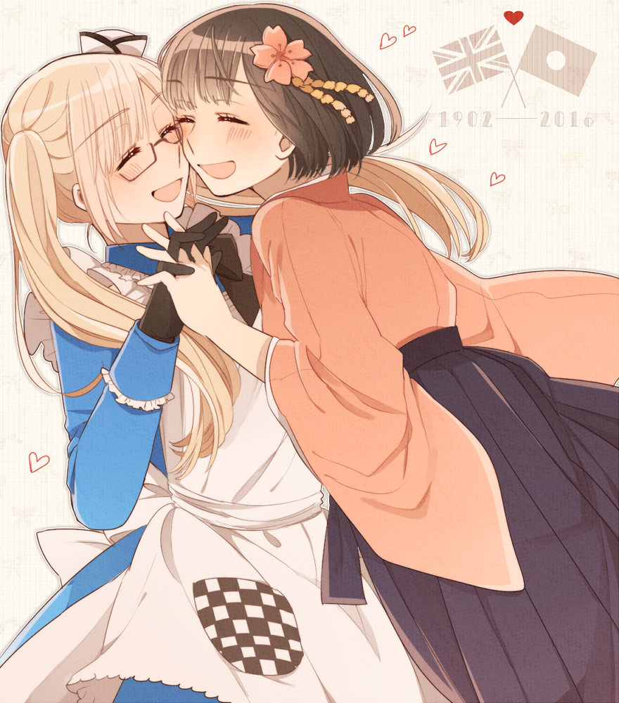 2girls axis_powers_hetalia black-framed_eyewear black_gloves black_hair blonde_hair blue_dress closed_eyes dress dutch_angle face-to-face flags_of_all_nations flower genderswap genderswap_(mtf) glasses gloves hair_flower hair_ornament happy hat heart heart-shaped_pupils holding_hands japan_(hetalia) japanese_clothes kimono multiple_girls ninonuko nurse_cap open_mouth pink_kimono purple_dress short_hair string_of_flags symbol-shaped_pupils twintails united_kingdom_(hetalia) wide_sleeves yuri