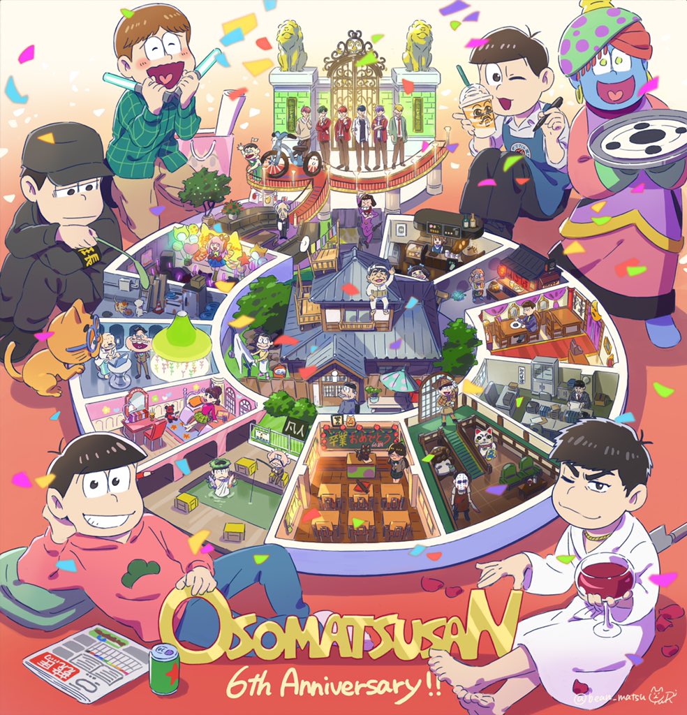 akatsuka_fujio alley anniversary atsushi_(osomatsu-san) bean_matsu beer_can blue_skin can cat chest_of_drawers chibita classroom colored_skin copyright_name cup dayoon deerstalker dekapan dobusu_(osomatsu-san) drink_can drinking_glass elderly_servant_(osomatsu-san) esper_nyanko everyone f6_(osomatsu-san) fishing fishing_rod food_stand gate glowstick grin hands_on_own_cheeks hands_on_own_face hashimoto_nyaa hat hatabou hijirisawa_shonosuke holding holding_fishing_rod idol iyami knife_in_back lab_coat matsuno_ichimatsu matsuno_jyushimatsu matsuno_karamatsu matsuno_matsuyo matsuno_matsuzou matsuno_osomatsu matsuno_todomatsu mirror newspaper office official_alternate_costume official_alternate_hair_color official_alternate_hairstyle on_bed one_eye_closed open_mouth osomatsu-san osomatsu_(series) restaurant robe sachiko_(osomatsu-san) sanematsu_(osomatsu-san) sheeeh! sitting smile takahashi_nozomi totty_face tricycle white_robe wine_glass yowai_totoko