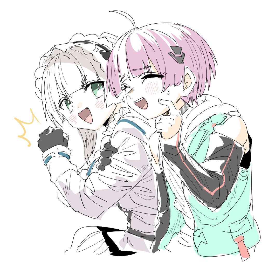 2girls ahoge benbe black_gloves blunt_bangs blush bow frilled_hairband frills gloves green_eyes hairband heaven_burns_red hood hoodie multiple_girls ooshima_minori purple_bow red_hair shirt short_hair skirt sugawara_chie twintails vest white_hair