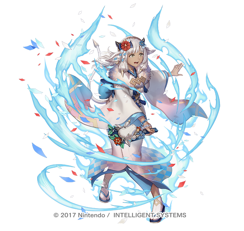 1girl anbe_yoshirou animal_ears ash_(fire_emblem) ash_(new_year)_(fire_emblem) breasts confetti cow_ears cow_horns cow_tail dark-skinned_female dark_skin fire_emblem fire_emblem_heroes flower full_body fur_trim glowing gradient_background gradient_clothes hagoita hair_ornament holding horns japanese_clothes kimono long_hair medium_breasts nintendo obi official_art open_mouth paddle sandals sash sidelocks smile solo tabi tail white_background white_hair wide_sleeves yellow_eyes zouri
