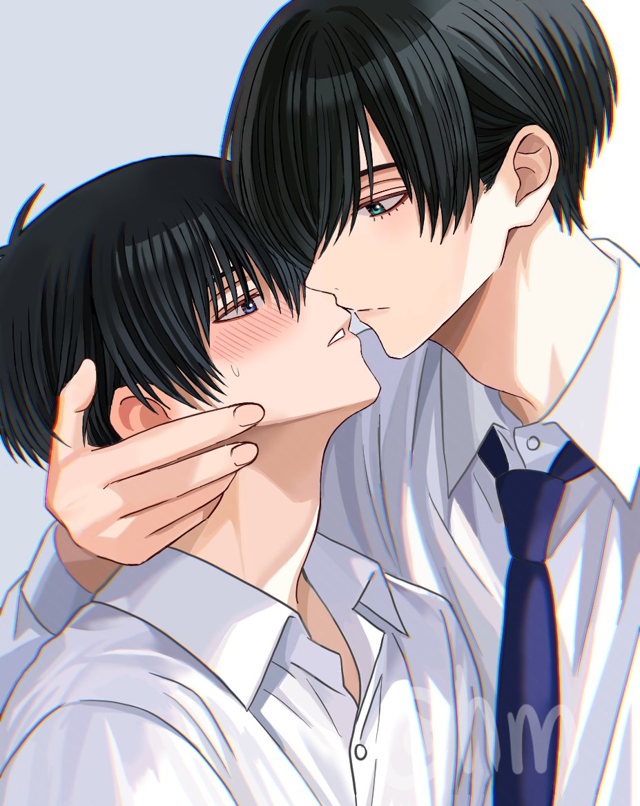 2boys aqua_eyes black_hair black_necktie blue_eyes blue_lock blush hair_between_eyes hyohls2_(hamao3o) implied_kiss isagi_yoichi itoshi_rin male_focus multiple_boys necktie shirt short_hair white_shirt yaoi