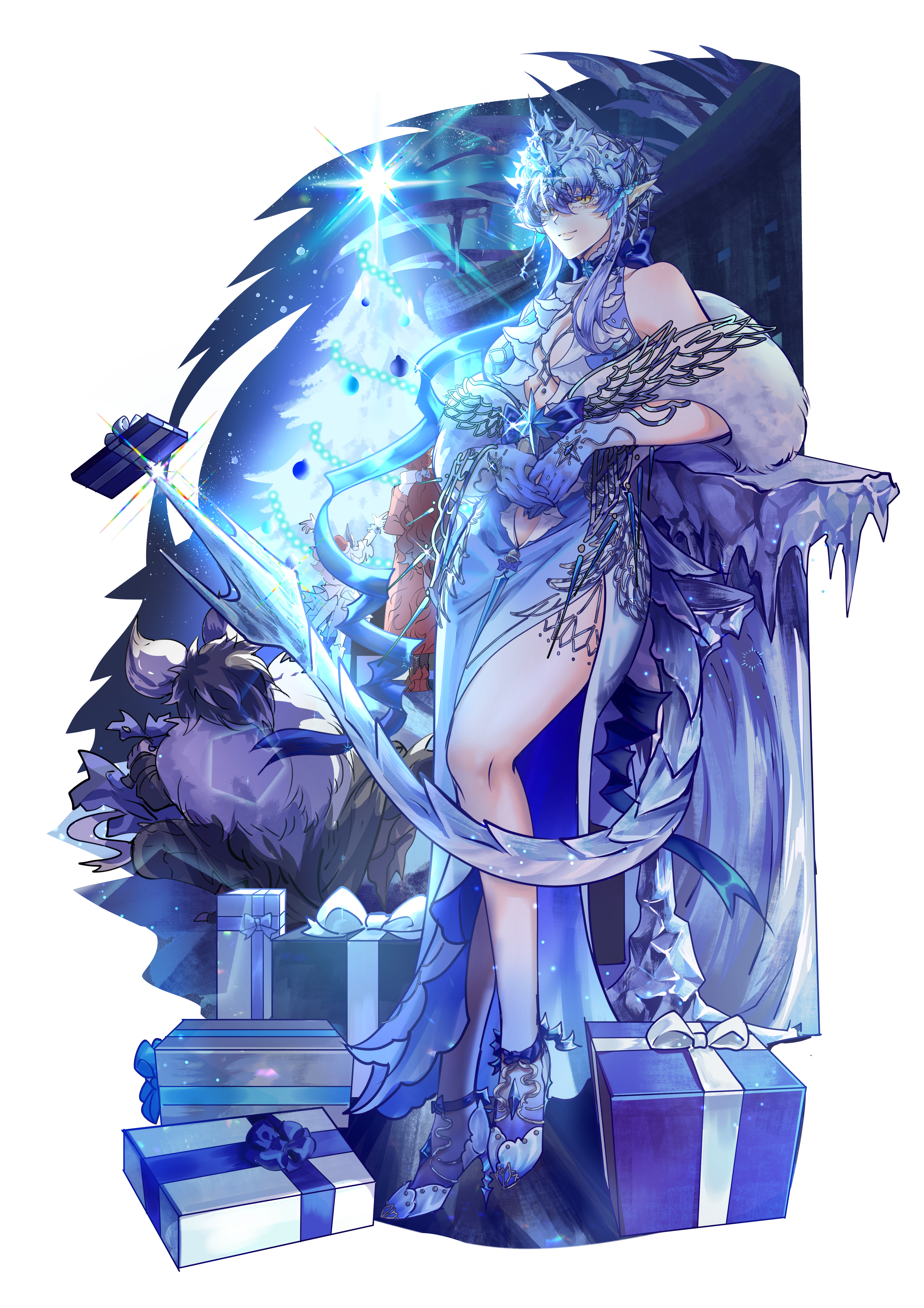 1boy 3girls absurdres armlet arms_up blue_dress blue_hair blue_ribbon blue_skin building christmas christmas_ornaments christmas_tree cleavage_cutout cloak clothing_cutout colored_skin crystal dragon_tail dress fur_cloak gift glint highres ice jewelry lanmizu2002 leaning_back leglet light_smile long_hair midriff_peek monster_hunter_(series) multicolored_skin multiple_girls nergigante night personification ribbon safi'jiiva sharp_teeth short_hair side_slit silver_footwear sky slit_pupils star_(sky) starry_sky stomach_cutout tail teeth tiara two-tone_skin velkhana very_long_hair white_tree xeno'jiiva yellow_eyes