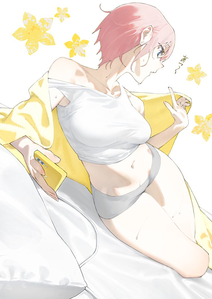 1girl bare_shoulders bed blue_eyes breasts collarbone earrings go-toubun_no_hanayome holding holding_phone jewelry large_breasts mi8pq midriff nakano_ichika on_bed open_mouth phone pink_hair short_hair short_shorts shorts sleeveless sweat sweatdrop tank_top thighs white_tank_top