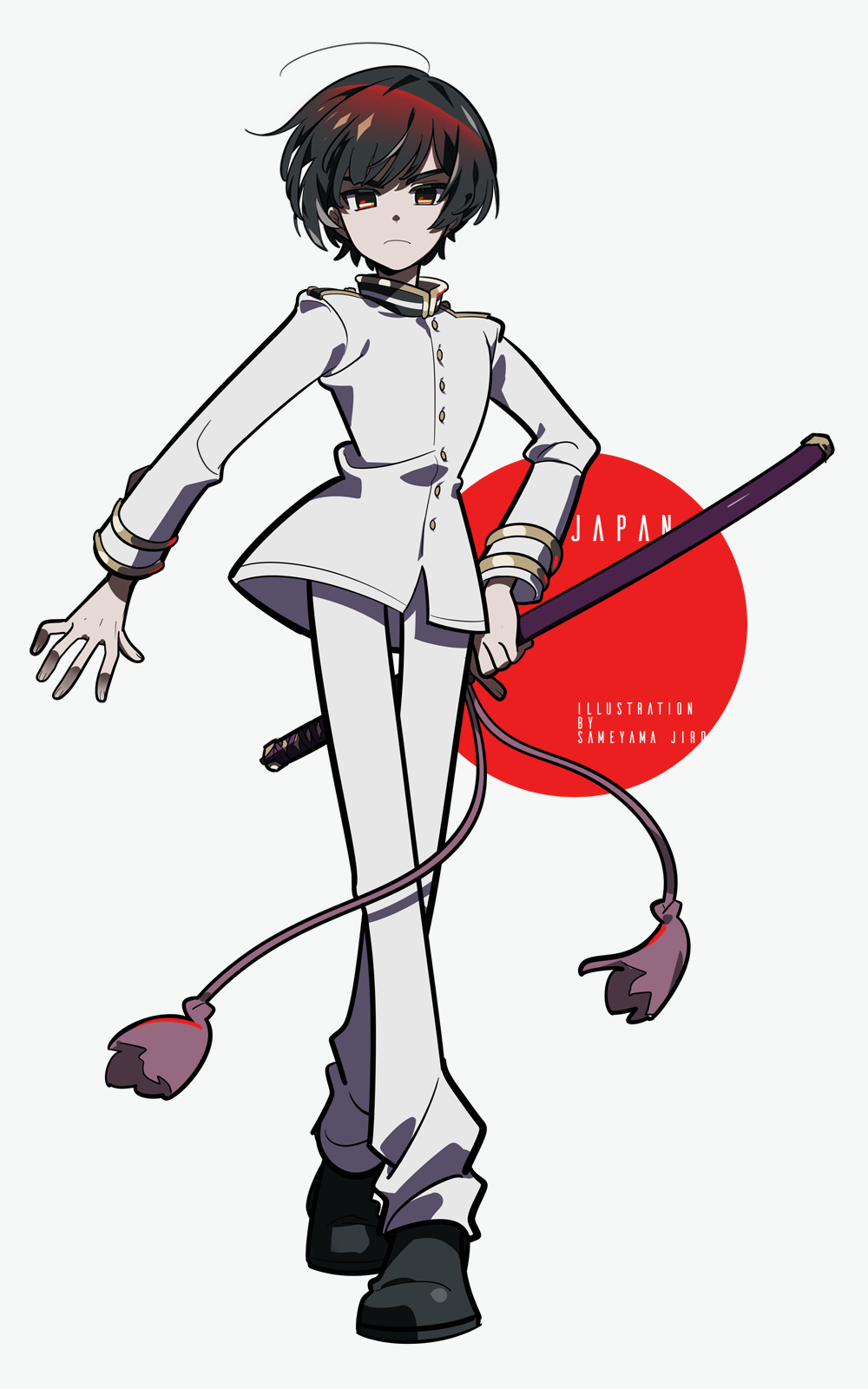 1boy artist_name axis_powers_hetalia black_shoes brown_eyes brown_hair closed_mouth full_body highres holding holding_sword holding_weapon jacket japan_(hetalia) katana long_legs long_sleeves looking_at_viewer male_focus pants red_sun sameyama_jiro shoes short_hair simple_background solo sword weapon white_jacket white_pants