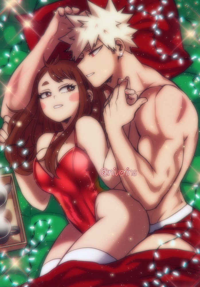 1boy 1girl bakugou_katsuki bed blonde_hair boku_no_hero_academia breasts brown_eyes brown_hair christmas christmas_lights dimples ear_piercing hetero holding_hands hot_chocolate large_breasts lingerie long_hair looking_at_another male_underwear muscular muscular_male niverins piercing pillow red_eyes short_hair spiked_hair spooning topless_male underwear uraraka_ochako wide_hips