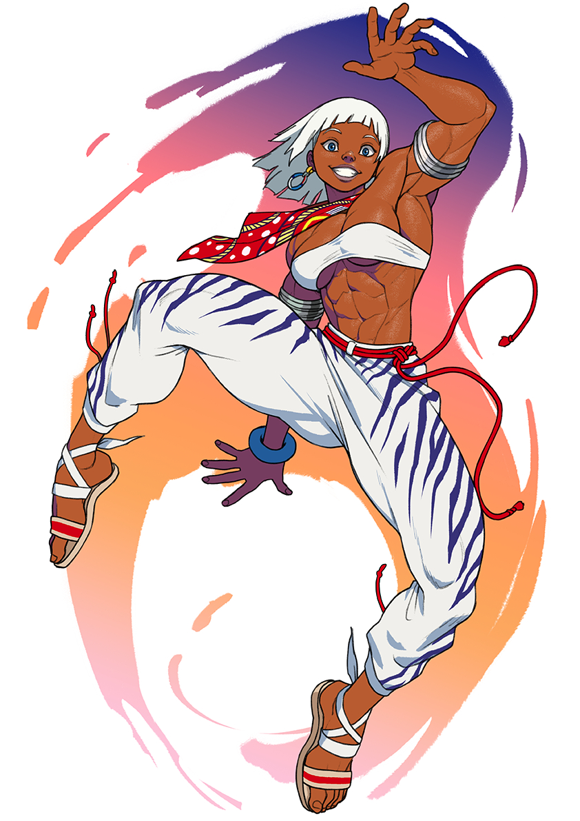 1girl arm_up armpits bandeau bare_shoulders blue_eyes bracelet breasts capcom dark-skinned_female dark_skin earrings elena_(street_fighter) female_focus full_body jewelry looking_at_viewer medium_breasts muscular muscular_female pokkuti sandals short_hair solo street_fighter street_fighter_6 toes white_hair