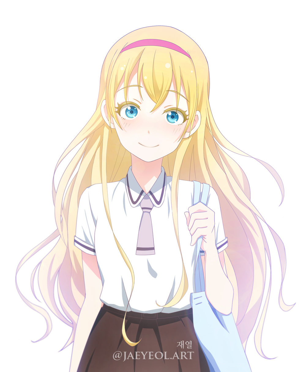 1girl asobi_asobase bag blonde_hair blue_bag blue_eyes blush brown_skirt closed_mouth collared_shirt commentary eyelashes hairband highres looking_at_viewer necktie nkboys2012 olivia_(asobi_asobase) pink_hairband shirt short_sleeves simple_background skirt smile solo uniform white_background