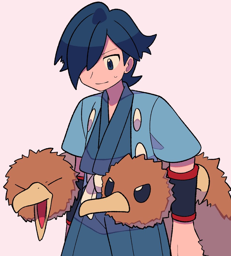 1boy bird blue_eyes blue_hair blue_jacket closed_mouth doduo falkner_(pokemon) gen_1_pokemon hair_over_one_eye jacket japanese_clothes kimono looking_down male_focus nintendo open_clothes open_jacket pokemon pokemon_(creature) pokemon_hgss sash smile sweatdrop tyako_089 white_sash wristband