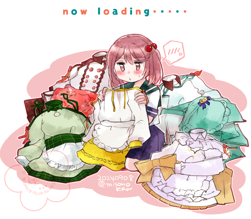 1girl bell blue_sailor_collar blue_skirt dated dress frilled_dress frills green_dress green_skirt hair_bell hair_bobbles hair_ornament izumiyamisono kantai_collection loading_screen pink_eyes pink_hair sailor_collar sailor_shirt sazanami_(10th_anniversary)_(kancolle) sazanami_(11th_anniversary)_(kancolle) sazanami_(7th_anniversary)_(kancolle) sazanami_(8th_anniversary)_(kancolle) sazanami_(9th_anniversary)_(kancolle) sazanami_(kancolle) school_uniform serafuku shirt skirt solo spoken_blush twintails twitter_username unworn_clothes watermark white_shirt yellow_skirt
