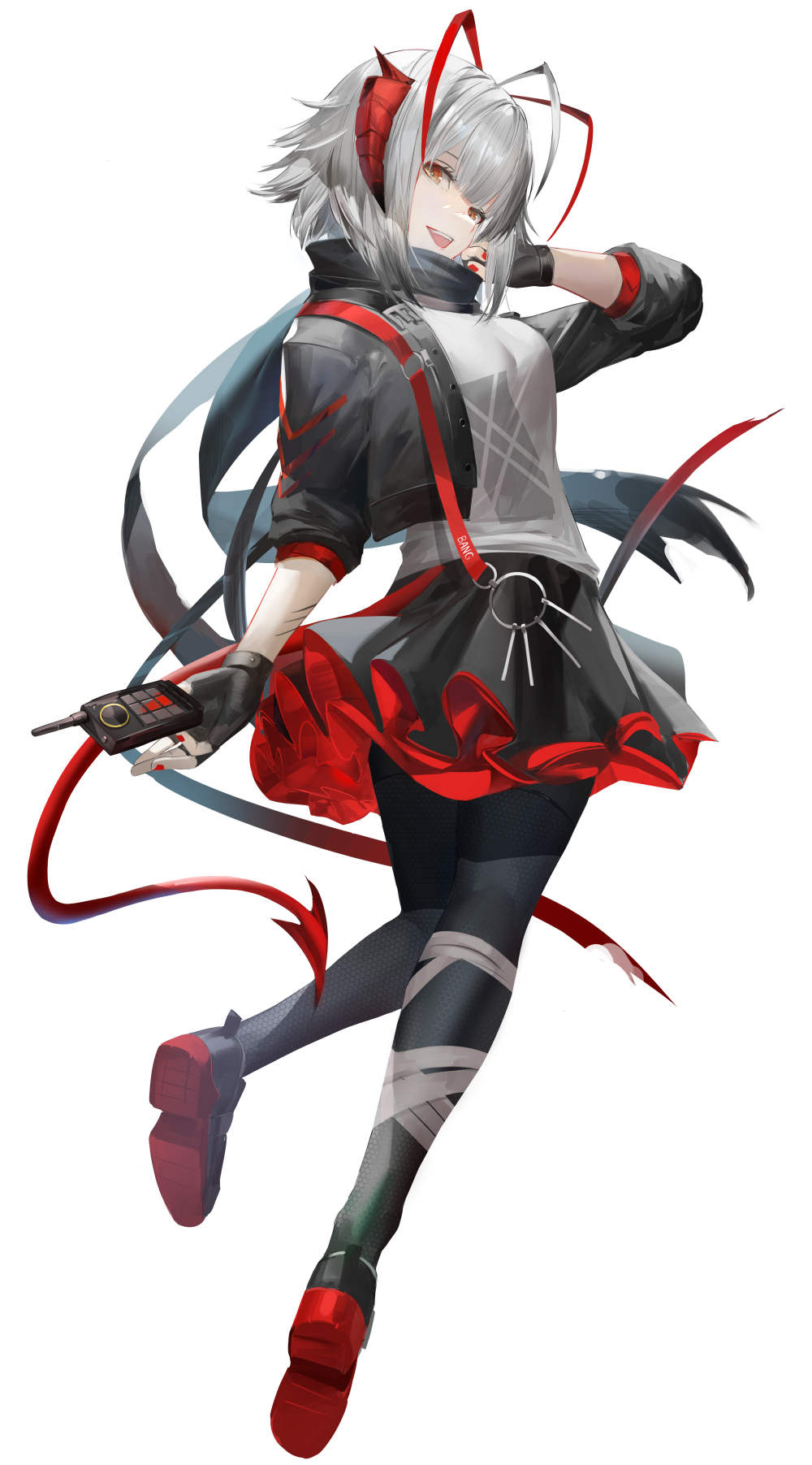 1girl accessories ahoge arknights black_jacket black_shoes black_skirt blazpu demon_tail detonator fingerless_gloves gloves grey_hair highres holding_detonator horns jacket looking_at_viewer multicolored_skirt open_mouth red_nails red_skirt shirt shoes short_hair simple_background skirt solo tail thighhighs w_(arknights) white_background white_shirt