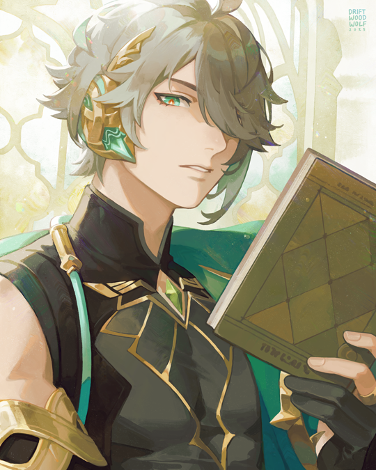 1boy alhaitham_(genshin_impact) antenna_hair black_gloves black_shirt book cape compression_shirt driftwoodwolf genshin_impact gloves green_cape green_eyes green_hair grey_hair hair_over_one_eye headpiece holding holding_book looking_at_viewer male_focus multicolored_hair open_book parted_lips partially_fingerless_gloves shirt short_hair sleeveless sleeveless_shirt solo streaked_hair upper_body