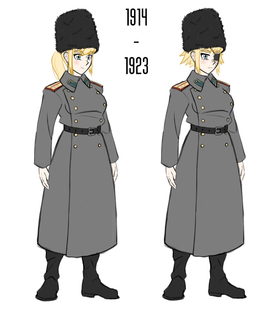 1girl age_comparison alternate_hairstyle belt belt_buckle black_belt black_boots blonde_hair blue_eyes boots breasts buckle buttons collar collar_tabs comparison double-breasted epaulettes eyepatch facial_scar fluffkaiser frown full_body fur_hat furrowed_brow gold_buttons greatcoat green_collar_tabs hat highres long_sleeves looking_at_viewer medium_breasts military military_uniform multiple_views narrowed_eyes original pants pants_tucked_in papakha ponytail russia russian_civil_war russian_empire scar scar_on_cheek scar_on_face scar_on_nose short_hair sidelocks smile standing world_war_i