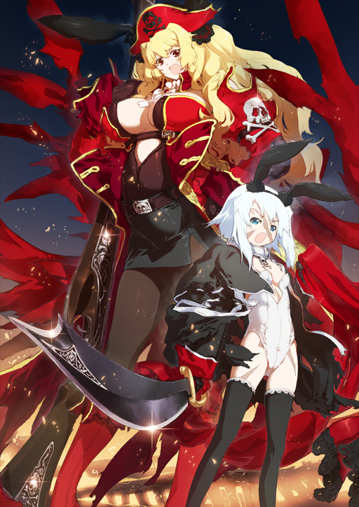 2girls animal_ear_hairband animal_ears anne_bonny_(fate) arm_at_side ascot belt belt_buckle black_coat black_ears black_gloves black_hairband black_pants black_skirt black_thighhighs blonde_hair blue_eyes boots breasts brooch brown_belt brown_gloves brown_leotard brown_pantyhose buckle buttons clenched_hand coat collar contrapposto detached_collar detached_sleeves fake_animal_ears fate/grand_order fate_(series) feet_out_of_frame gloves gold_trim gun hairband hand_on_own_hip hand_up hat height_difference high_collar holding holding_sword holding_weapon huge_weapon i-iv_(longman) jewelry large_breasts legs_apart leotard long_coat long_hair long_sleeves looking_at_viewer mary_read_(fate) miniskirt multiple_girls multiple_scars official_art open_clothes open_coat open_mouth pants pantyhose petite pirate_hat plunging_neckline rabbit_ears red_boots red_coat red_collar red_eyes red_hat red_sleeves rifle scar scar_on_face scar_on_leg short_hair short_hair_with_long_locks shouting side_slit sidelocks skirt skull_and_crossbones sleeveless small_breasts strapless strapless_leotard sword thighhighs third-party_source two_side_up underbust v-shaped_eyebrows variant_set weapon white_ascot white_collar white_hair white_leotard