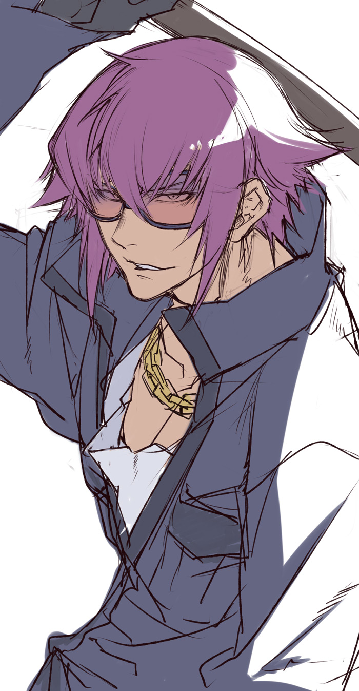 1boy black_gloves blue_jacket breast_pocket chain chain_necklace collarbone commentary_request dark-skinned_male dark_skin glasses gloves gold_chain hair_flaps high_collar highres holding holding_sword holding_weapon jacket jewelry long_sleeves looking_at_viewer male_focus mirokuji_yuuya necklace nose parted_lips pocket re:creators shirt short_hair sidelocks sword v-shaped_eyebrows weapon white_background white_shirt wooden_sword yasunososaku