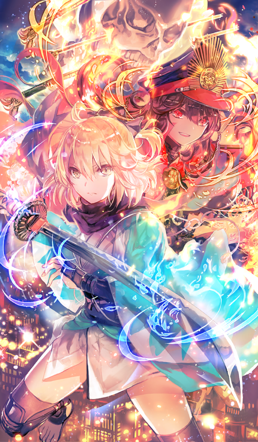 2girls ahoge aqua_haori black_bow black_hair black_hat black_sash black_thighhighs blonde_hair bow cape closed_mouth commentary embers fate/grand_order fate_(series) fighting_stance fire floating floating_object floating_weapon foot_out_of_frame gun hair_bow half_updo haori hat holding holding_sword holding_weapon japanese_clothes katana kimono light_frown light_particles long_hair long_sleeves looking_at_viewer medium_hair midair multiple_girls obi oda_nobunaga_(fate) oda_nobunaga_(koha-ace) oda_uri official_art okita_souji_(fate) okita_souji_(koha-ace) open_mouth peaked_cap red_cape red_eyes rioka_(southern_blue_sky) sash shinsengumi skull smile sword teeth thighhighs third-party_source toes upper_teeth_only weapon weapon_request white_kimono wide_sleeves yellow_eyes