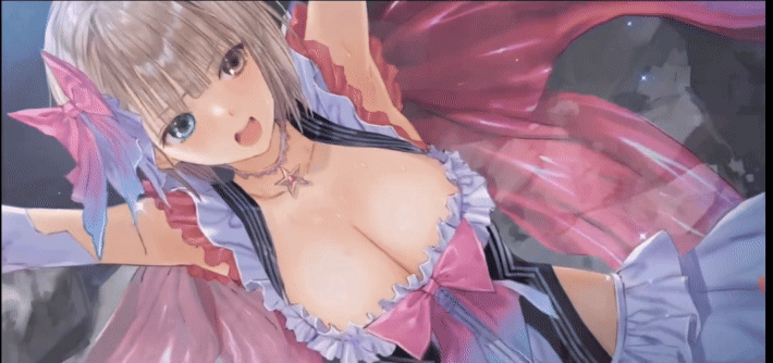 1girl animated animated_gif black_eyes black_hair blue_reflection_(series) blue_reflection_maboroshi_ni_mau_shoujo_no_ken blue_reflection_sun bouncing_breasts breasts cleavage cowboy_shot frown large_breasts looking_at_viewer open_mouth shirai_hinako solo straight_hair striped_background sweat