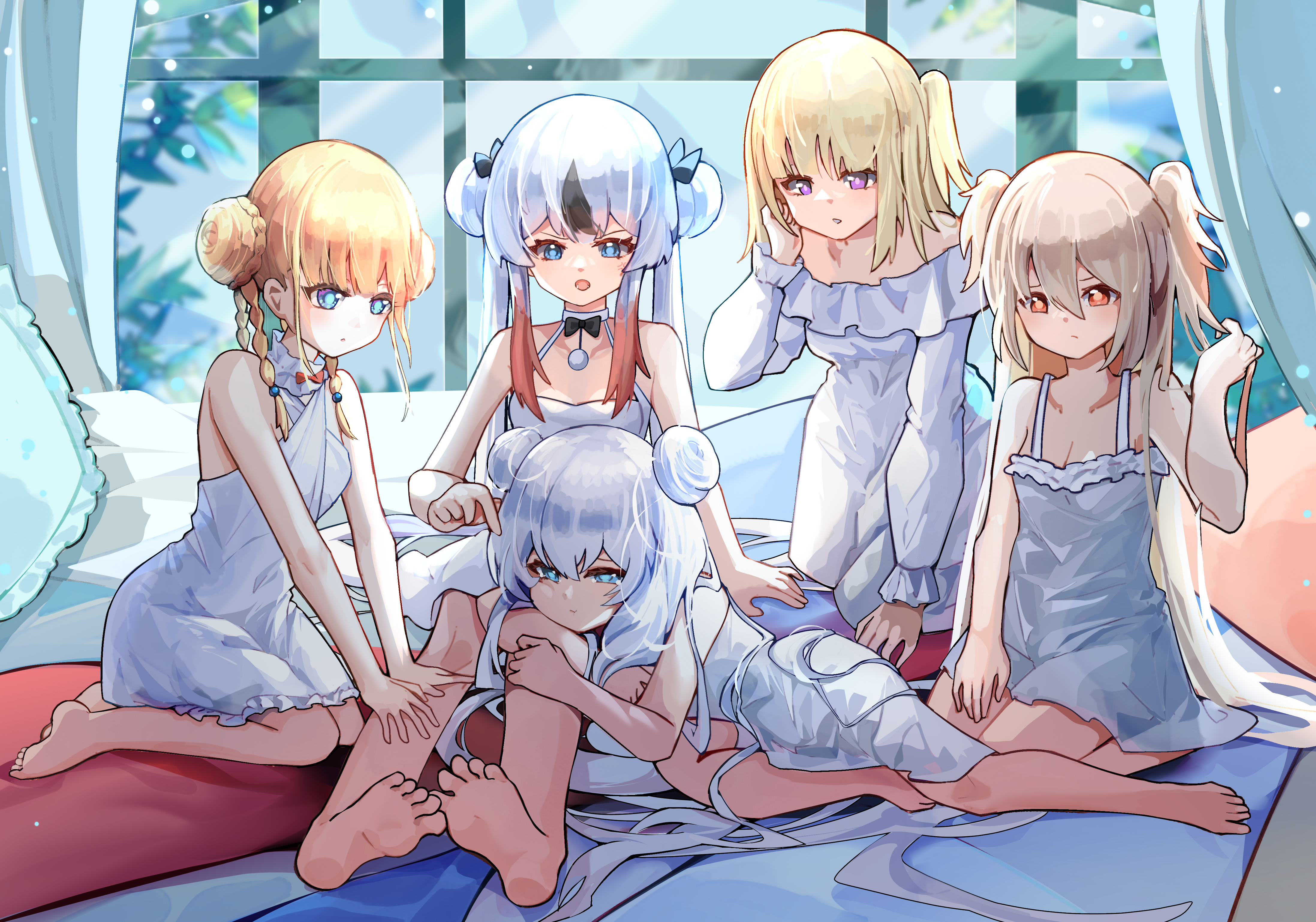 5girls absurdres azur_lane bare_arms bare_legs bare_shoulders barefoot black_hair blonde_hair blue_eyes breasts camisole chinese_commentary cleavage collarbone commentary_request criss-cross_halter curtains dhy-232 double_bun dress feet gradient_hair grey_hair hair_bun halter_dress halterneck highres indoors kneeling l'audacieux_(azur_lane) l'indomptable_(azur_lane) le_malin_(azur_lane) le_malin_(sleepy_sunday)_(azur_lane) le_terrible_(azur_lane) le_terrible_(silence_slumber_and_solace)_(azur_lane) le_triomphant_(azur_lane) looking_at_another lounging lying multicolored_hair multiple_girls official_alternate_costume on_bed one_side_up orange_eyes pajamas purple_eyes red_hair seiza siblings sisters sitting small_breasts streaked_hair toes twintails white_camisole white_pajamas window yokozuwari