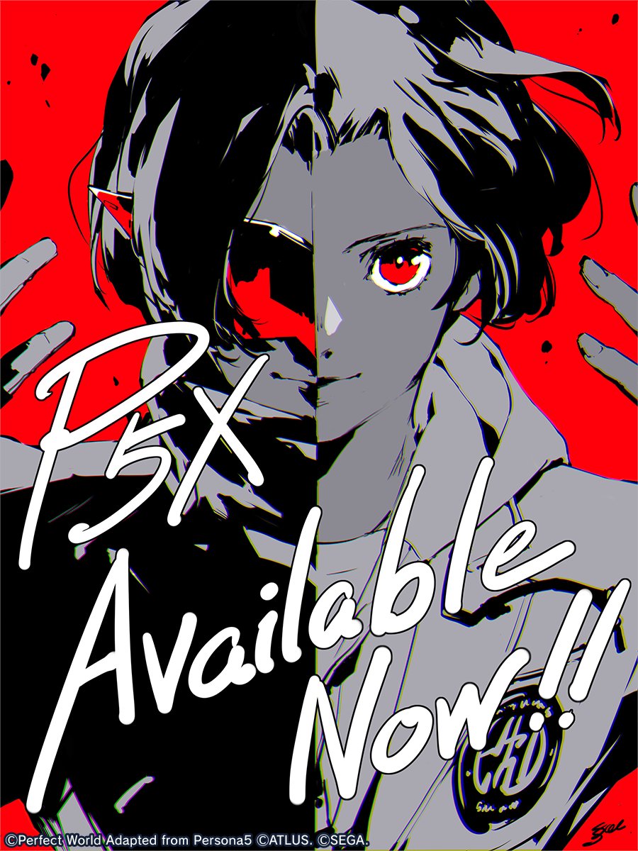 1boy closed_mouth commentary copyright_name countdown english_commentary english_text fingernails highres jacket kamishiro_nagisa looking_at_viewer male_focus official_art persona persona_5 persona_5:_the_phantom_x red_background red_eyes school_uniform simple_background smile soejima_shigenori third-party_source wonder_(p5x)