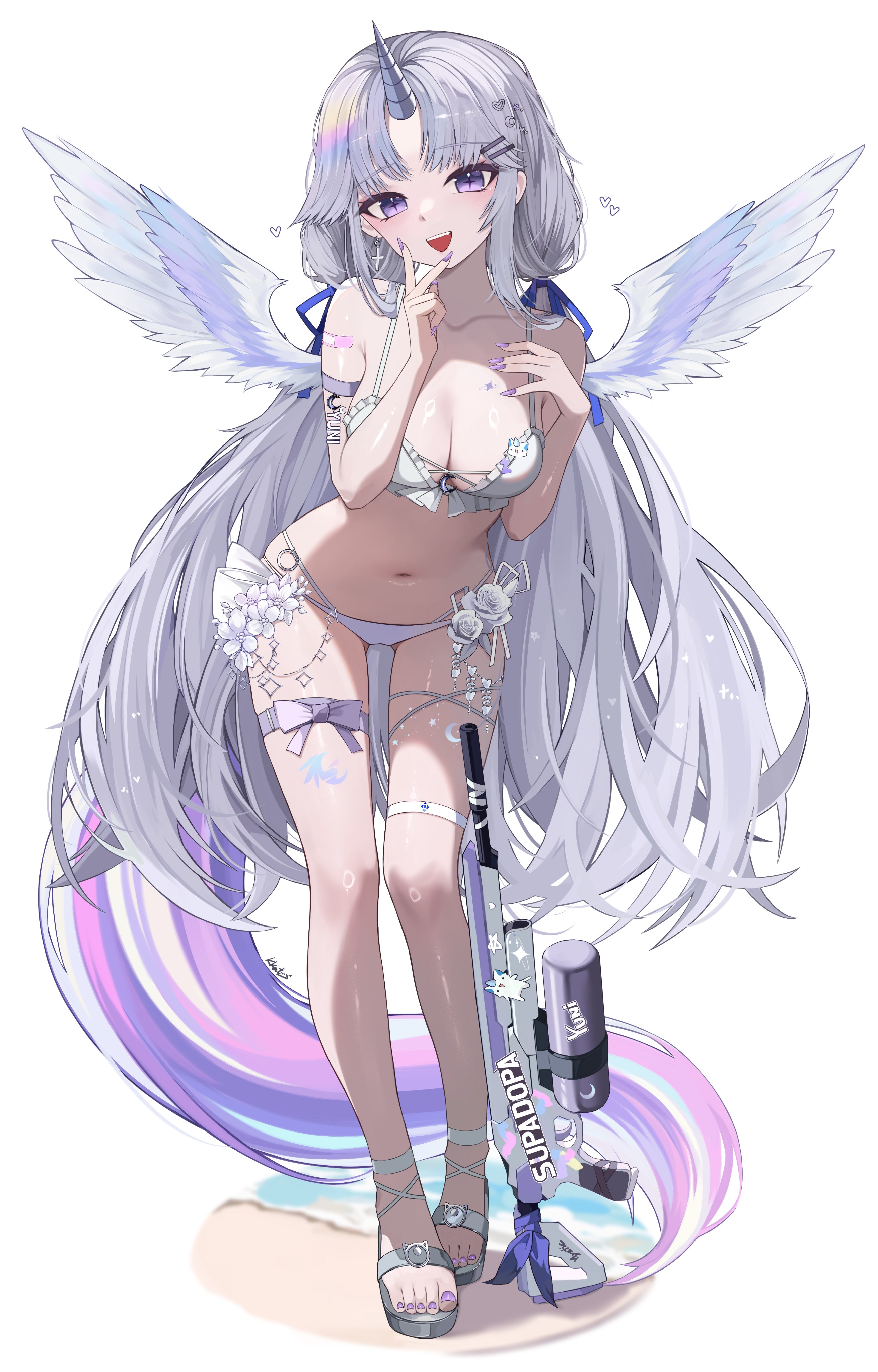 1girl absurdres angel_wings armlet ayatsuno_yuni bandaid bandaid_on_arm bare_shoulders bikini blush breasts cleavage feathered_wings full_body grey_hair hair_ornament hair_ribbon highres horns jewelry kkato leg_ribbon long_hair looking_at_viewer low_twintails multicolored_tail nail_polish navel open_mouth parted_bangs purple_eyes purple_tail ribbon sandals single_horn slit_pupils smile solo standing stellive super_soaker swimsuit tail thigh_ribbon thigh_strap toenail_polish toenails twintails unicorn_girl unicorn_horn v very_long_hair virtual_youtuber water_gun white_bikini white_wings wings