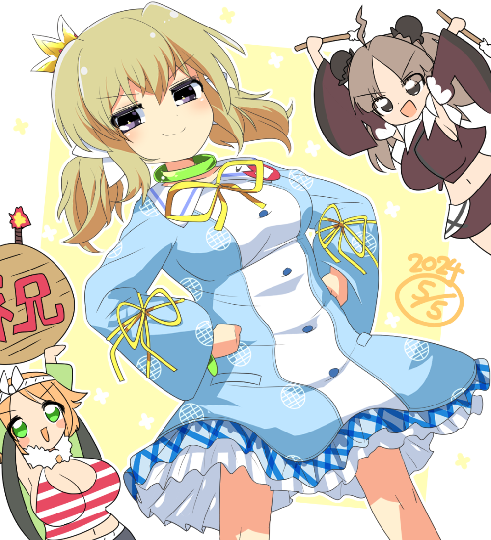 2024 3girls :d ahoge badge blonde_hair blue_dress blush bomb bow breasts brown_eyes brown_hair bun_cover choker cleavage crown dated double_bun dress drumsticks explosive green_choker green_eyes hachimaki hair_between_eyes hair_bow hair_bun hair_ornament hanabi_(senran_kagura) hand_on_own_hip headband holding holding_bomb japanese_clothes kafuru_(senran_kagura) large_breasts lets0020 lightning_ahoge lit_fuse long_hair looking_at_viewer low_twintails medium_breasts midriff mini_crown multiple_girls navel open_mouth orange_hair purple_eyes renka_(senran_kagura) ribbon senran_kagura senran_kagura_estival_versus short_hair siblings sideboob sisters skirt smile smug sparkle_background striped_tank_top tank_top twintails whistle white_bow yellow_background yellow_ribbon