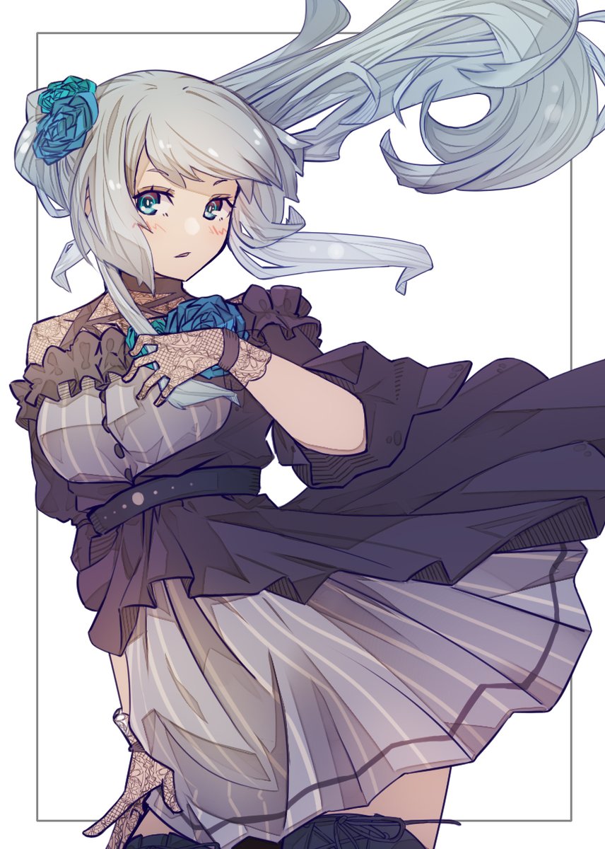 1girl belt black_dress black_thighhighs blue_belt blue_eyes blue_flower blue_hair blue_rose blue_scrunchie blush breasts dress flower gloves grey_dress grey_hair hand_on_own_chest highres jacket lace lace_gloves large_breasts neo_(tyottama) nijisanji open_clothes open_jacket pleated_dress puffy_sleeves rose scrunchie side_ponytail simple_background skirt solo striped_clothes striped_dress thighhighs thighs vertical-striped_clothes vertical-striped_dress virtual_youtuber wind wind_lift yukishiro_mahiro yukishiro_mahiro_(3rd_costume) zettai_ryouiki