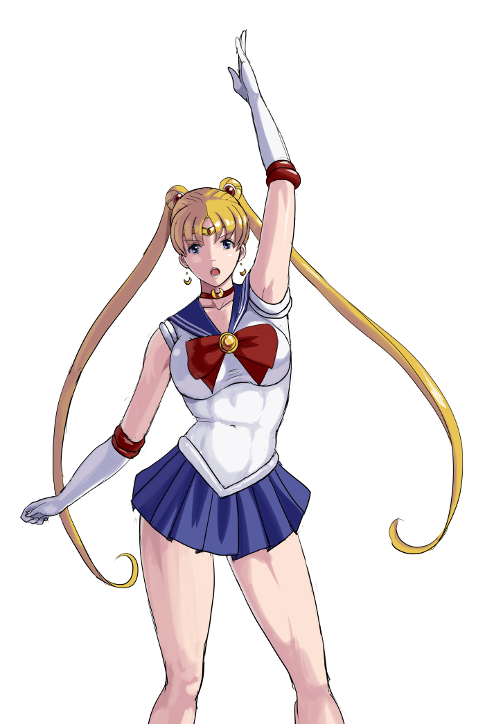 1girl 78_(tky8) abs arm_up armpits bare_legs bare_shoulders bishoujo_senshi_sailor_moon blonde_hair blue_eyes blue_sailor_collar blue_skirt bow breasts brooch choker clenched_hand collarbone covered_navel double_bun earrings elbow_gloves eyebrows_hidden_by_hair eyes_visible_through_hair gloves hair_bun jewelry large_breasts long_hair looking_at_viewer magical_girl medium_breasts miniskirt neck necklace open_mouth outstretched_arm pleated_skirt red_bow red_choker ribbon sailor_collar sailor_moon sailor_senshi_uniform serious simple_background skirt sleeveless solo standing thick_thighs thighs tiara tsukino_usagi twintails very_long_hair white_background white_gloves yellow_brooch