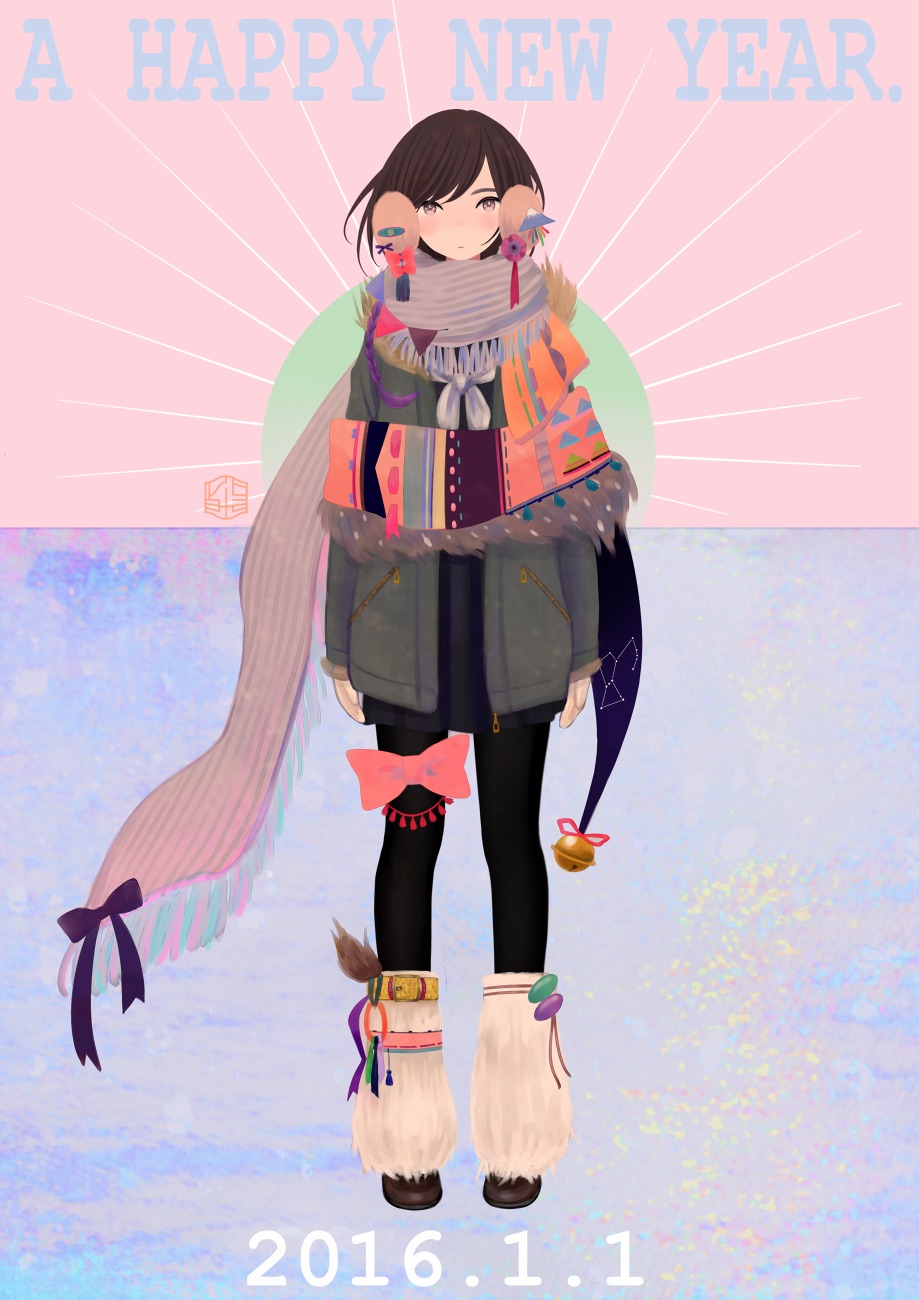1girl 2016 bell black_pantyhose black_skirt brown_hair full_body hair_ornament happy_new_year highres jacket miniskirt multicolored_background multiple_scarves necktie new_year original pantyhose purple_eyes ribata scarf short_hair skirt solo stamp_mark standing thigh_bow white_necktie