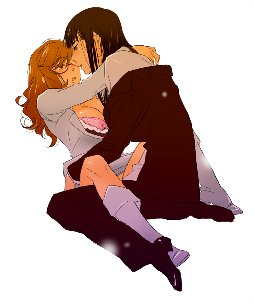 2girls arm_around_neck bad_id bad_pixiv_id between_legs black_hair blush boots bra breasts brown_eyes brown_hair cleavage couple darker_than_black eye_contact formal_clothes glasses hazuki_mina_(darker_than_black) imminent_kiss kneehighs large_breasts lingerie looking_at_another multiple_girls off_shoulder orange_hair pant_suit pants profile reverse_trap saida_nika sawasaki_youko shoes simple_background sitting socks straddling suit underwear upright_straddle wariza yuri