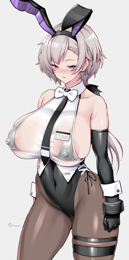 1girl animal_ears azur_lane bare_shoulders bikini bikini_top_only bikini_under_clothes black_bikini black_hairband black_leotard black_necktie black_pantyhose blush bow bowtie breasts collarbone collared_shirt commentary_request covered_erect_nipples covered_navel cowboy_shot earrings elbow_gloves fake_animal_ears gloves grey_hair hairband jewelry large_breasts leotard long_hair looking_at_viewer low_ponytail metal_gloves necktie nose_blush official_alternate_costume onomeshin paid_reward_available pantyhose parted_lips partial_commentary playboy_bunny ponytail purple_eyes rabbit_ears reno_(azur_lane) reno_(reno_bunnino)_(azur_lane) see-through_clothes see-through_shirt shirt side-tie_leotard sideboob sideless_shirt sidelocks signature simple_background single_elbow_glove skindentation sleeveless solo standing stud_earrings swimsuit thigh_strap white_bow white_bowtie wrist_cuffs