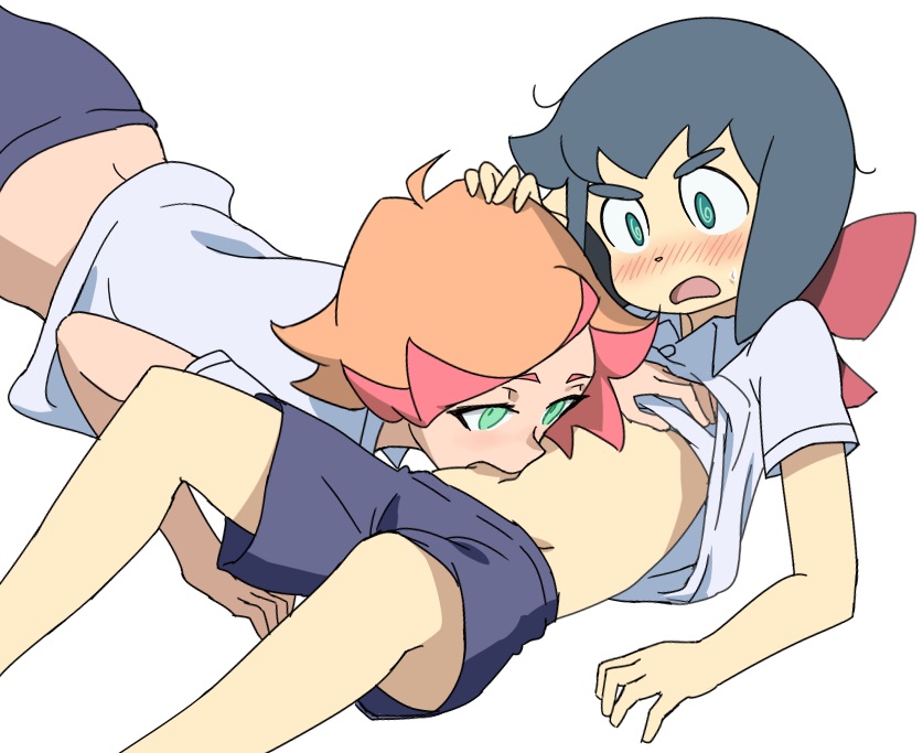 10s 2girls @_@ amanda_o&#039;neill anonymous_artist assisted_exposure belly biting blush bow clothes_lift constanze_amalie_von_braunschbank-albrechtsberger green_eyes gym_uniform hair_bow hand_on_another&#039;s_head little_witch_academia lying md5_mismatch multicolored_hair multiple_girls navel nibbling on_back orange_hair red_bow resolution_mismatch shirt_lift simple_background stomach sweatdrop two-tone_hair white_background yuri