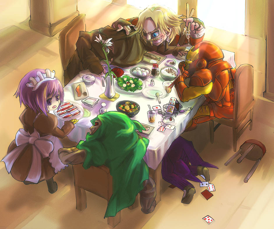 00s card crossover dc_comics doctor_doom eating food iron_man kuroko marvel mecha_hisui melty_blood rugal_bernstein samurai_spirits snk table the_joker the_king_of_fighters tsukihime