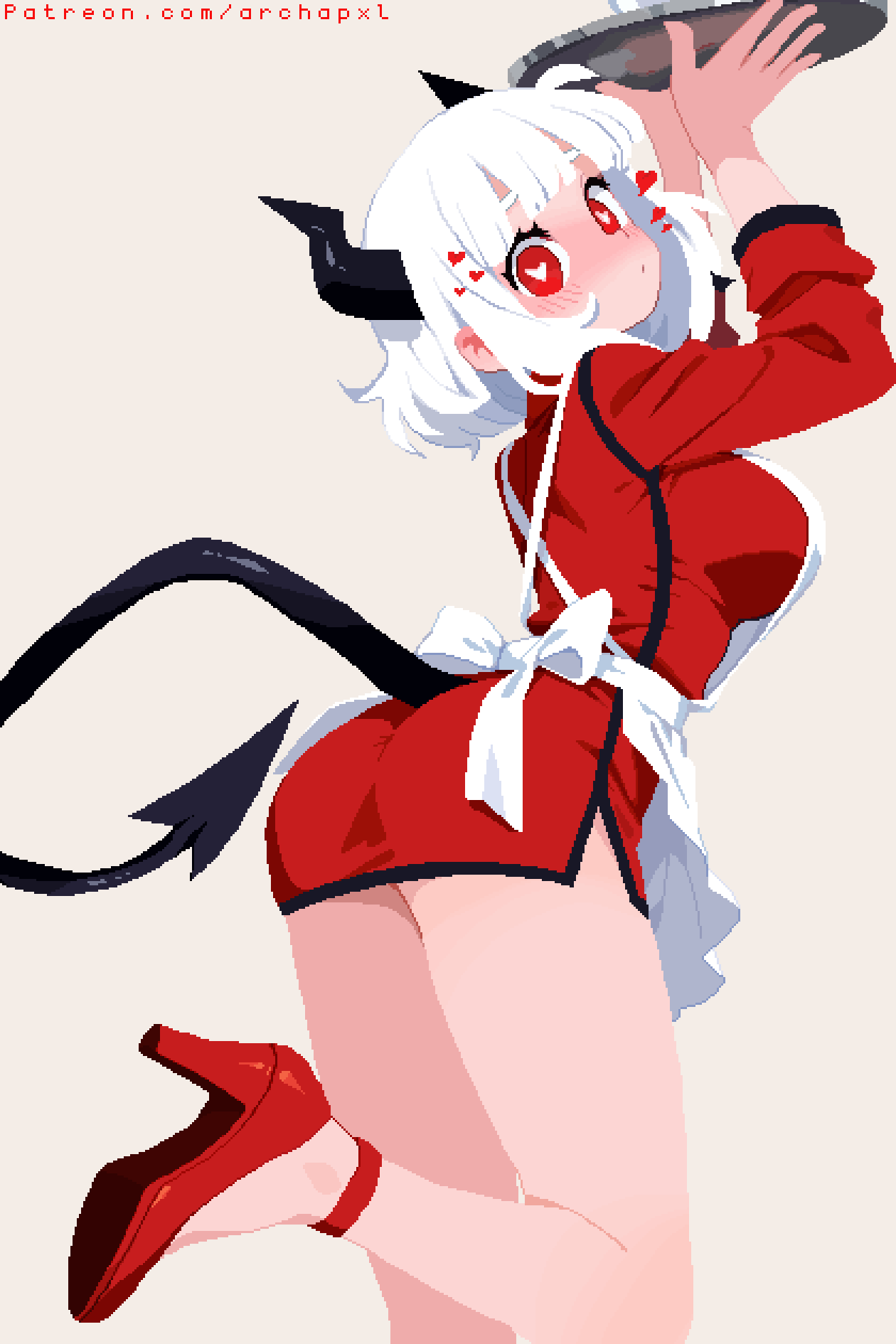 1girl anklet apron archapxl black_horns black_tail breasts demon_girl demon_horns demon_tail from_behind grey_background heart heart-shaped_pupils helltaker high_heels highres holding holding_plate horns jewelry large_breasts leg_up long_sleeves looking_at_viewer looking_to_the_side modeus_(helltaker) patreon_username pixel_art plate red_eyes simple_background solo symbol-shaped_pupils tail watermark web_address white_apron white_hair