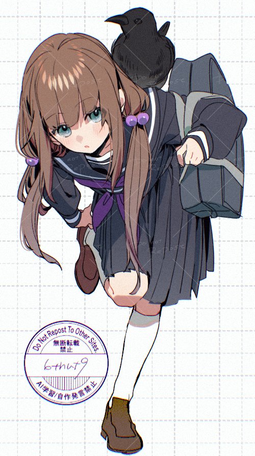 1girl 6tnut9 bag bird crow leaning_forward original school_uniform serafuku shirt solo standing standing_on_one_leg white_shirt