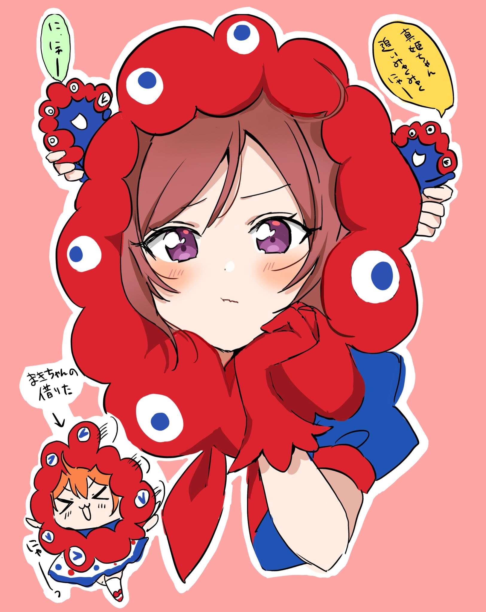 &gt;_&lt; 2girls :3 :d blue_jacket blush closed_mouth colored_speech_bubble commentary_request embarrassed expo2025 gloves highres hoshizora_rin jacket love_live! love_live!_school_idol_project multiple_girls myaku-myaku nishikino_maki official_alternate_costume open_mouth orange_hair outline pink_background puffy_short_sleeves puffy_sleeves purple_eyes red_gloves red_hair short-sleeved_jacket short_sleeves simple_background smile speech_bubble translation_request tukiwa_poyo wavy_mouth white_outline x3 xd