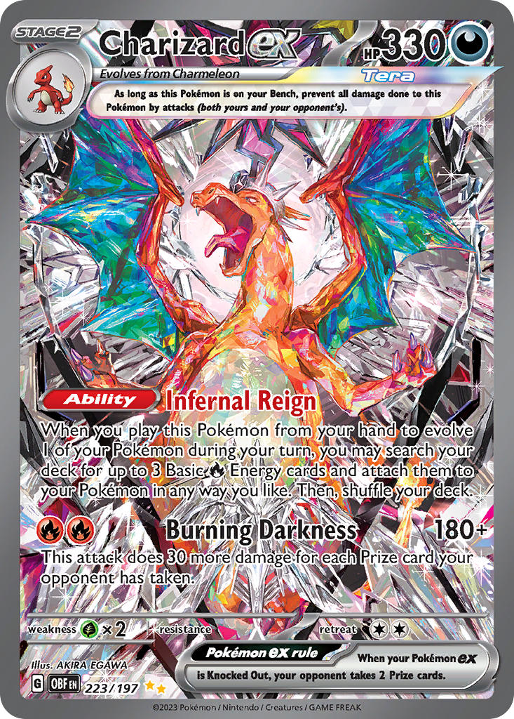 animal_focus artist_name card_(medium) character_name charizard charmeleon claws company_name copyright_name copyright_notice dragon dragon_wings egawa_akira english_text fangs fire flame-tipped_tail gen_1_pokemon nintendo no_humans nostrils official_art open_mouth pokemon pokemon_(creature) pokemon_card pokemon_focus pokemon_tcg solo sparkle tail terastallization third-party_source tongue trading_card wings