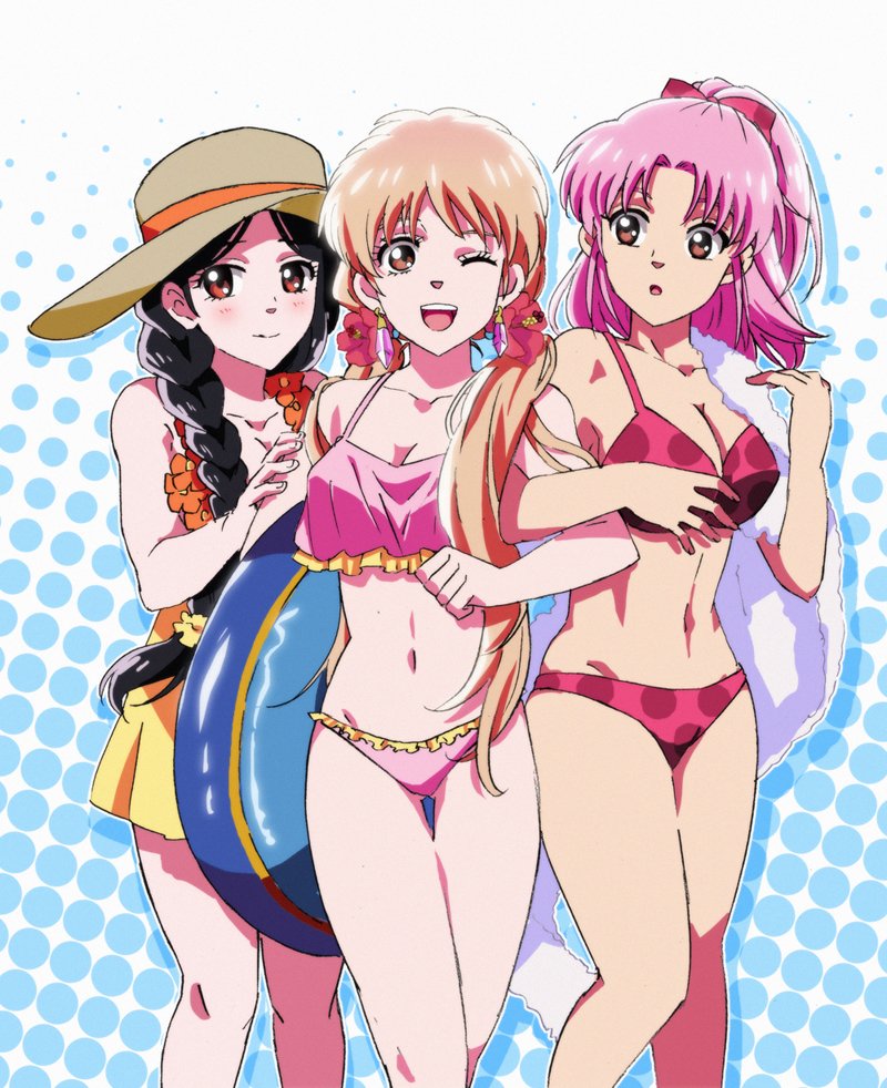 3girls breasts brown_eyes cleavage closed_mouth dragon_quest dragon_quest_dai_no_daibouken fumiko_(mesushi) innertube large_breasts long_hair looking_at_viewer maam medium_breasts merle_(dai_no_daibouken) multiple_girls navel open_mouth pink_hair princess_leona smile swim_ring swimsuit