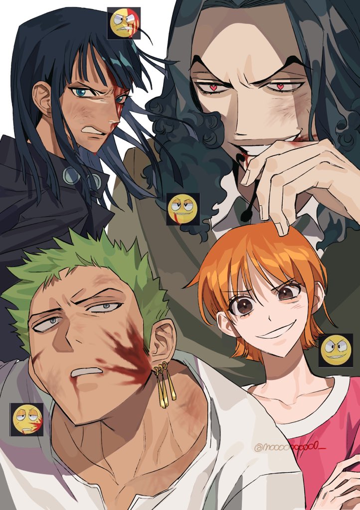 2boys 2girls black_hair blood blood_on_face blue_eyes brown_eyes earrings emoji facial_hair floating_hair goatee heart heart-shaped_pupils jewelry medium_hair mulso multiple_boys multiple_girls nami_(one_piece) nami_(one_piece)_(baratie) nico_robin nico_robin_(water_7) one_piece orange_hair rob_lucci roronoa_zoro short_hair simple_background smile symbol-shaped_pupils v-shaped_eyebrows white_background