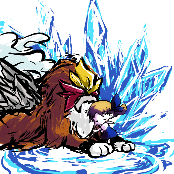1girl 1other artist_request brown_hair closed_eyes dress entei eyelashes gen_2_pokemon hair_ornament hug legendary_pokemon molly_hale nintendo pokemon pokemon_(anime) pokemon_(classic_anime) pokemon_(creature) pokemon_3:_the_movie_-_spell_of_the_unown:_entei short_sleeves