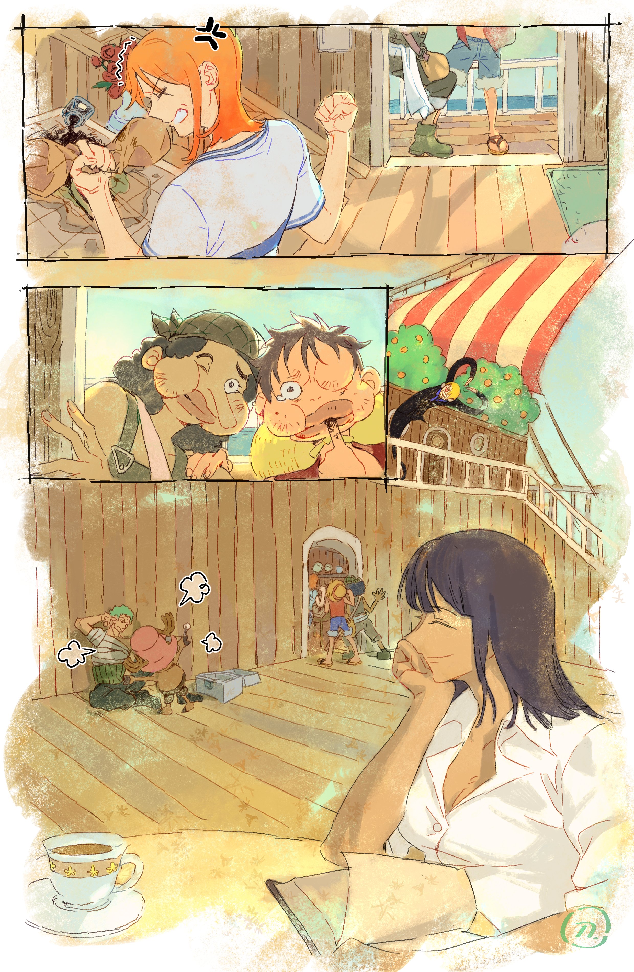 2girls 5boys ^_^ absurdres anger_vein antlers black_hair blonde_hair blue_shorts blunt_bangs bruise bruise_on_face clenched_hand closed_eyes collared_shirt cup green_hair haramaki hashtag-only_commentary hat highres horns injury long_nose monkey_d._luffy multiple_boys multiple_girls nami_(one_piece) nami_(one_piece)_(east_blue) nico_robin_(alabasta) one_piece orange_hair overalls pink_hat puff_of_air reindeer_antlers roronoa_zoro sandals sanji_(one_piece) shirt short_hair shorts sidelocks siyangou49 smile straw_hat straw_hat_pirates striped_clothes striped_shirt tony_tony_chopper two-tone_shirt usopp white_shirt