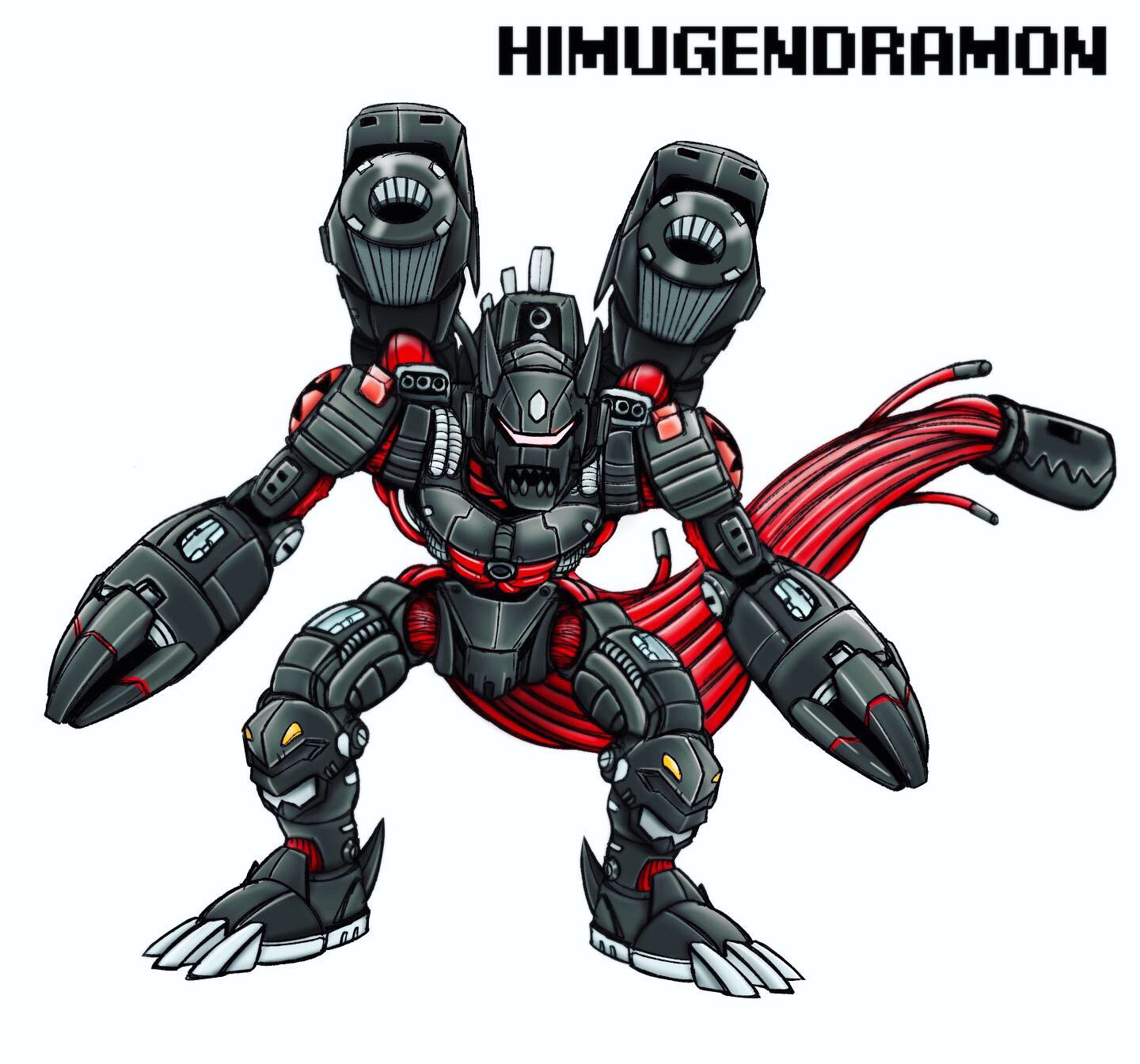 cannon digimon dragon hiandromon highres mugendramon sharp_teeth simple_background tail teeth white_background