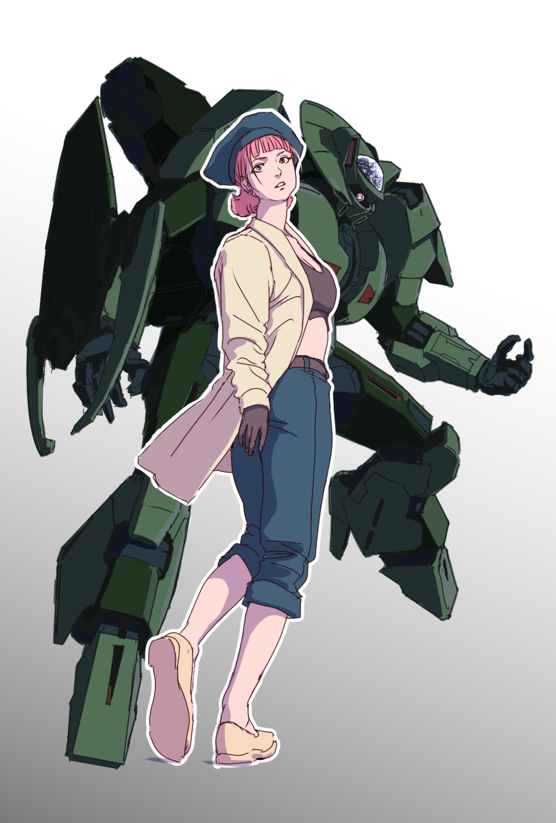 1girl bolinoak_sammahn breasts commentary_request gloves gradient_background grin gundam hat highres jacket looking_at_viewer machinery mecha mobile_suit one-eyed pink_hair redesign robot sarah_zabiarov science_fiction shield smile teikoku_jokyoku titans_(gundam) turning_around zeta_gundam